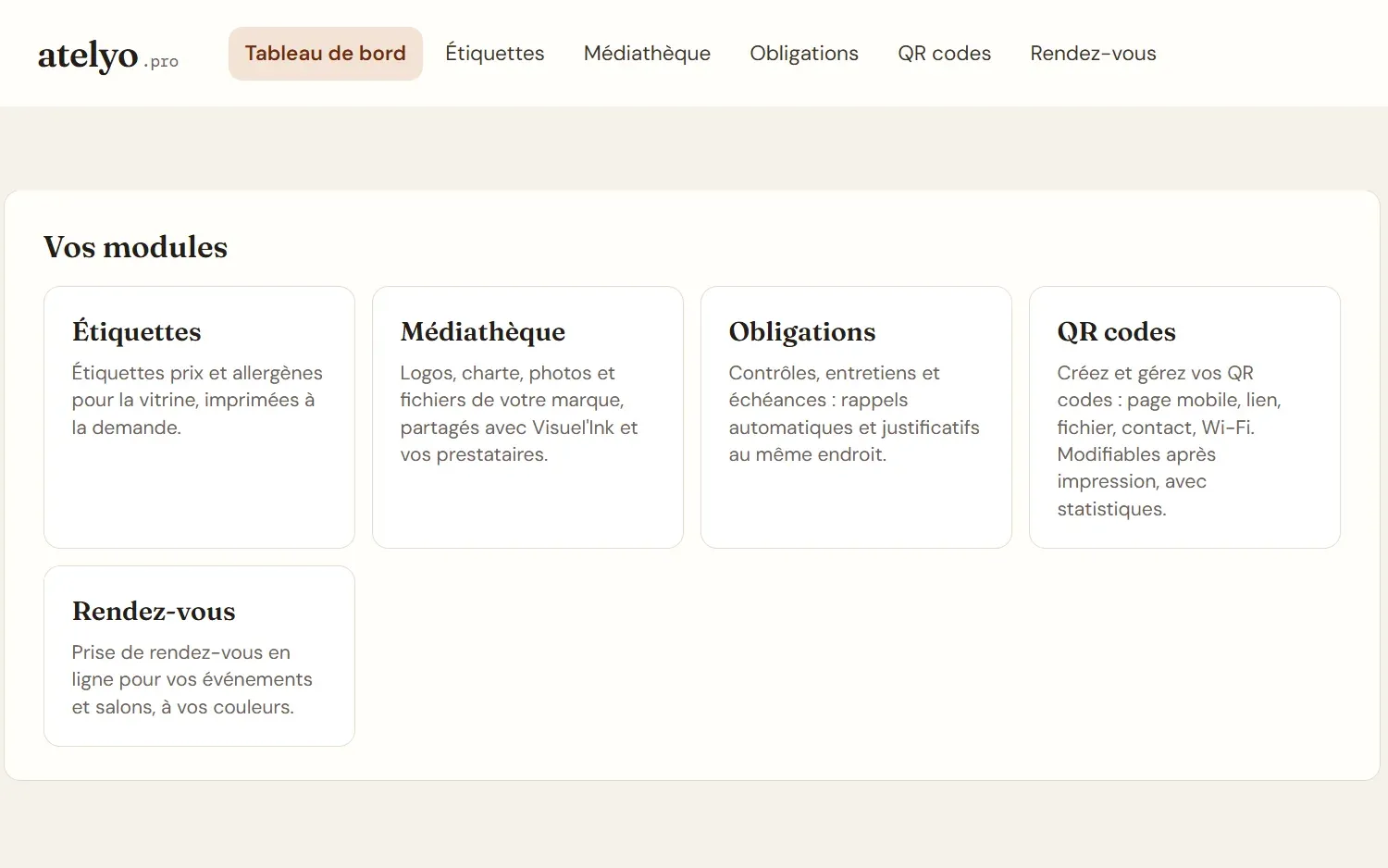 Tableau de bord Atelyo et ses modules